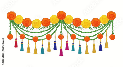 Handcrafted toran illustration featuring marigolds and tassels on a white