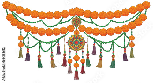 Elaborate festive garland with marigolds and colorful beaded tassels