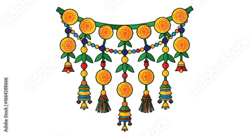 Festive toran adorned with marigold flowers and hanging bells, a colorful