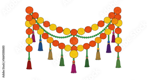 Festive beaded toran design element featuring vibrant tassels for festive