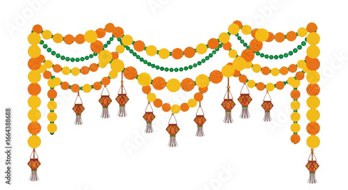 Festive decoration featuring garland of beads and hanging lanterns for holiday