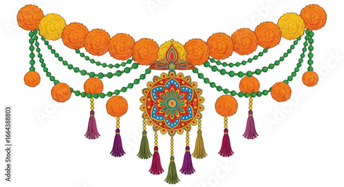 Festive hanging decoration with marigolds, beads, and a central mandala