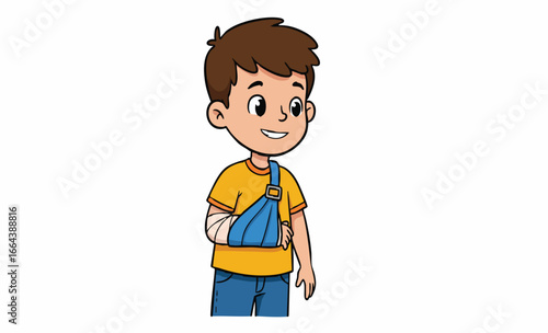 Vector Young smiling boy with a broken arm in a blue medical sling. Isolated cartoon vector character illustration for healthcare and recovery concepts