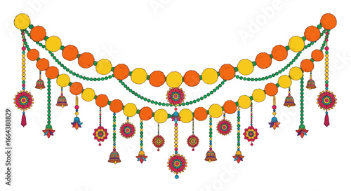 Festive adornment crafted of beads, bells and ornate florets, decorative hanging