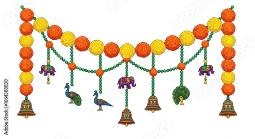 Festive hanging decoration adorned with marigolds elephants peacocks and bells