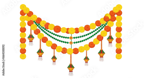 Festive decoration garland with marigold and bead strings adorns doorway