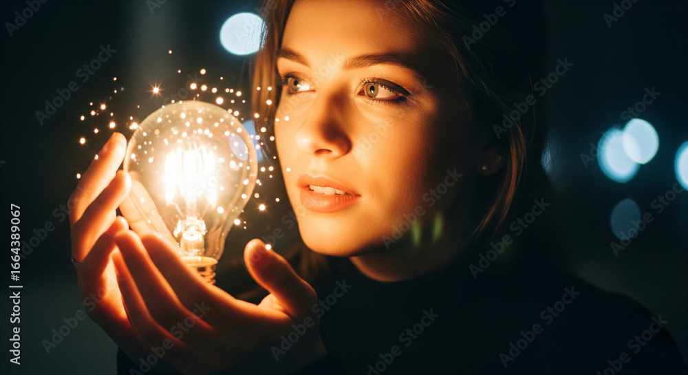 Naklejka premium A close-up of a beautiful young woman holding a glowing light bulb