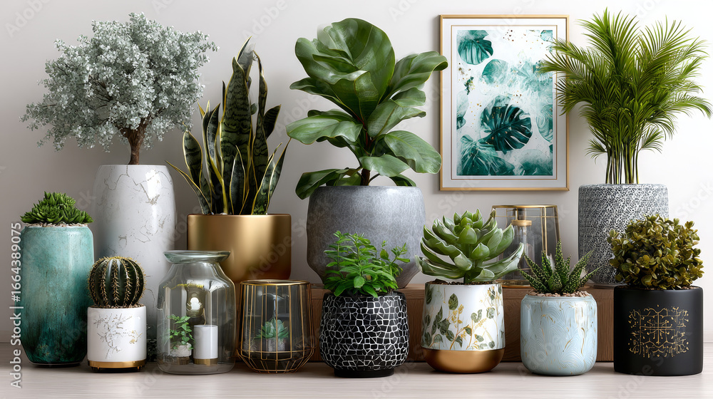 Fototapeta premium Plants in Flowerpots. Home Decor. A Collection of Various Houseplants. Hand-Drawn Vector Illustrations on White Background. Isolated and Ready for Use.