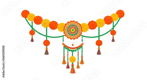 Festive hanging toran decoration adorned with vivid marigold and tassel elements