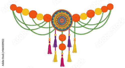 Festive traditional toran ornament with hanging tassels and colorful beads decor