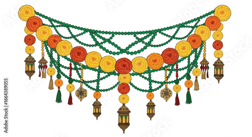 Floral garlands with hanging lanterns and tassels for festive celebrations