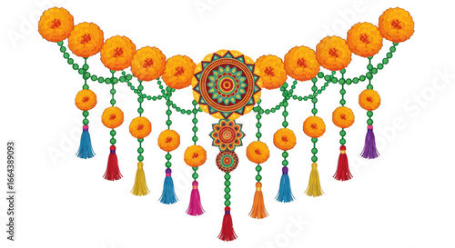 Festive floral and beaded garland, radiant marigolds and vibrant tassels design