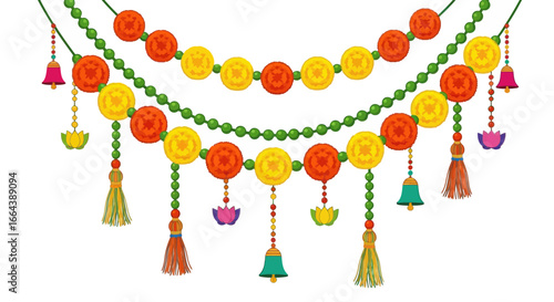 Festive beaded toran with bells and tassels, hanging decoration for celebration