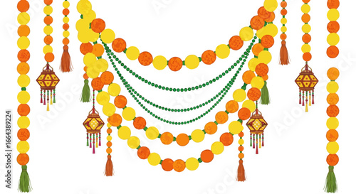 Festive decoration elements with hanging lights and marigold garlands vector