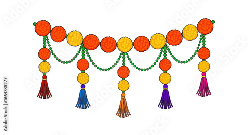 Bright Indian garland with colorful flowers and tassels for festive decoration