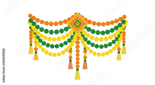 Vibrant traditional toran decoration with tassels and colorful beads garland
