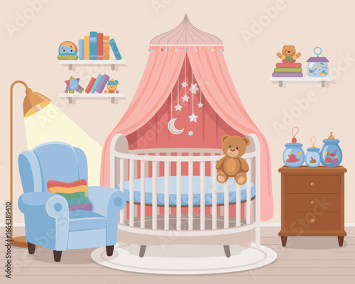 Cozy Nursery with Round Crib, Armchair, and Soft Lighting - Flat Vector Illustration