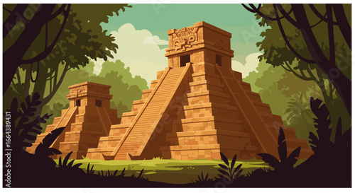 Ancient Mayan Pyramid Complex in Lush Jungle Setting Illustration