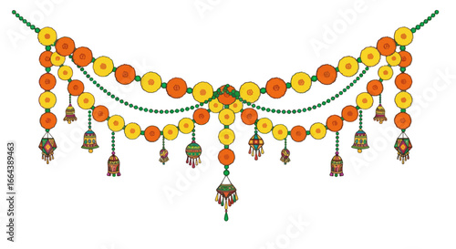 Festive decoration of traditional toran adorned with vibrant colors and bells