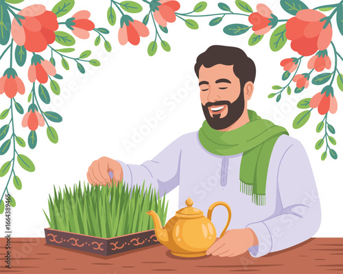 A cheerful greeting card illustration features a smiling man celebrating the Nowruz holiday by tending to sabzeh wheatgrass