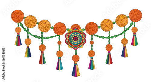 Festive floral decoration garland adorned with vibrant hanging tassels