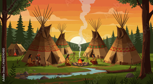 Indigenous people gathered around a campfire in a traditional village at sunset