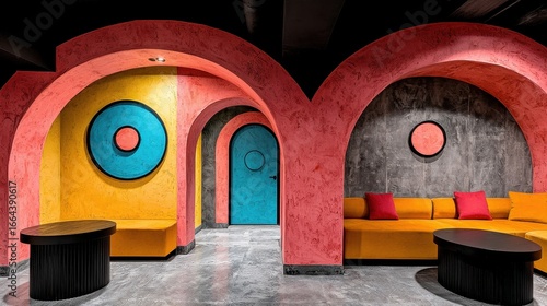 Vibrant Interior with Arched Alcoves and Colorful Accents