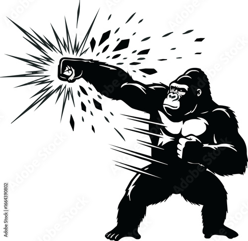 Powerful gorilla delivering a devastating punch, shattering the air with force.