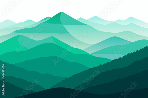 Abstract layered green mountains with misty atmosphere and white sky