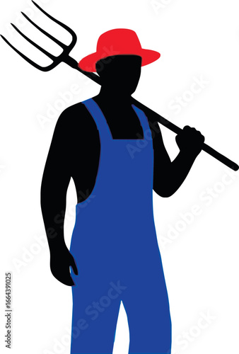 A silhouette of a farmer in a red hat and blue overalls holding a pitchfork.
