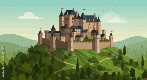 Illustrative medieval fortress perched on a lush green hilltop