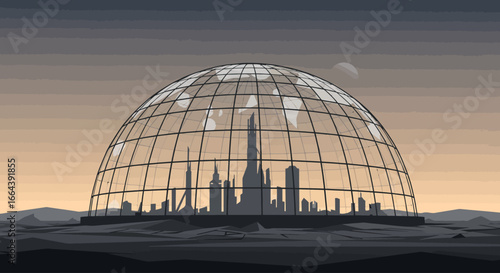 Futuristic geodesic dome protecting a city skyline against a desolate background