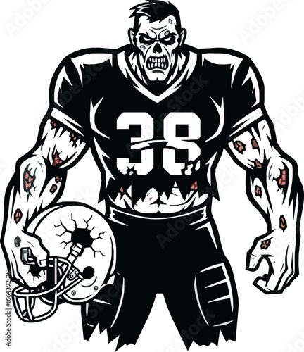 A monstrous zombie football player, wearing a jersey with the number 38, holding a cracked helmet.