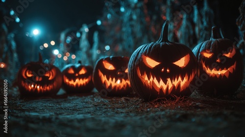 Glowing pumpkins on porch at night