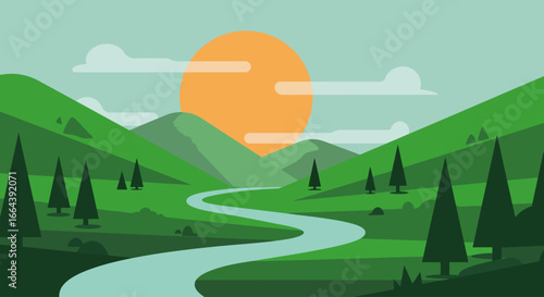 Landscape illustration with river, hills, and sunshine