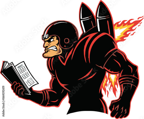 Angry football player with rocket pack reviewing playbook.