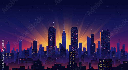 Vibrant cityscape at sunset with a futuristic glow