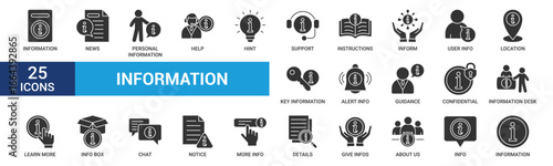 Information icon set. Containing info, help, inform, support, news, about us, instructions and notice icons. Glyph icon collection. Vector illustration.
