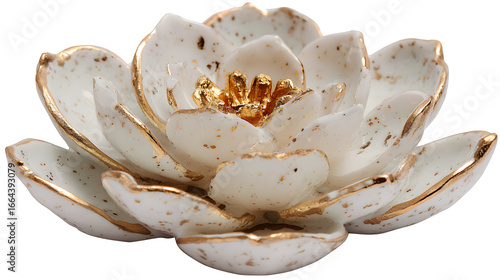 A small resin decorative dish shaped like a lotus flower, with individual petals in a pearlescent white and a central golden stigma,