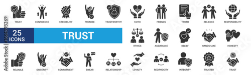 Trust icon set. Containing confidence, credibility, promise, trustworthy, friends, truth, faith, sincerity and honesty. Vector glyph icons collection.