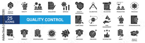 Quality control icon set. Containing inspection, evaluation, product, quality assurance, process, testing and more. Glyph vector icons collection.