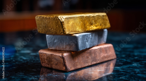 Wallpaper Mural Gold silver and copper bars stacked on reflective surface showing global market value and metal investment Torontodigital.ca