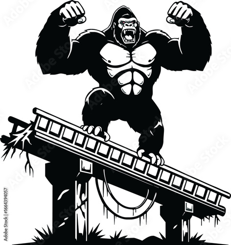 A powerful, muscular gorilla stands triumphantly on a broken, leaning structure, flexing its arms with an aggressive expression.