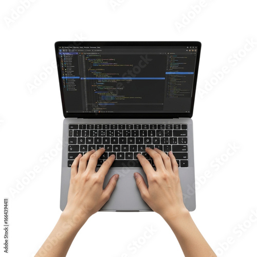 Top view of person typing code on a modern laptop showing a dark screen with text and numbers transparent background