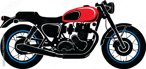 A classic red and black motorcycle with spoked wheels and blue accents, depicted in a side profile illustration.