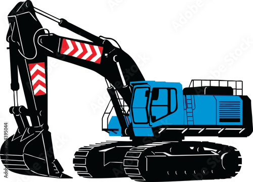 An illustration of a blue and black excavator with a large digging bucket and safety chevron markings on its arm.