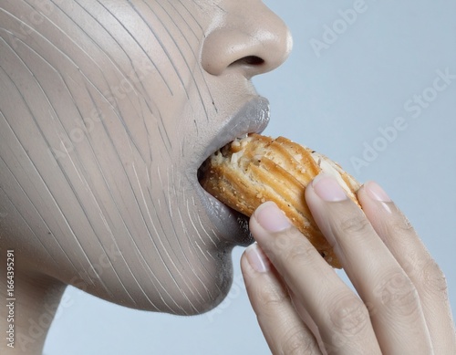 A side view of a woman taking a slow, sensual bite of a cookie, lips slightly parted, warm lighting soft against her skin. The moment holds quiet tension, pleasure suspended just before the soft bite.