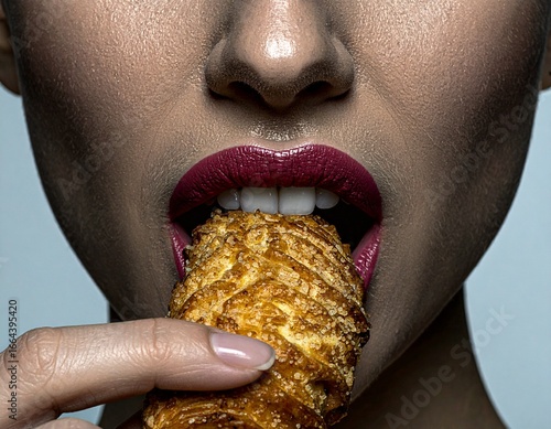 A digital woman faces the viewer, taking a bite of a soft brioche. Her lips lift around the bite, revealing gentle tension, a subtly sensual moment carefully captured with light and a polished detail.