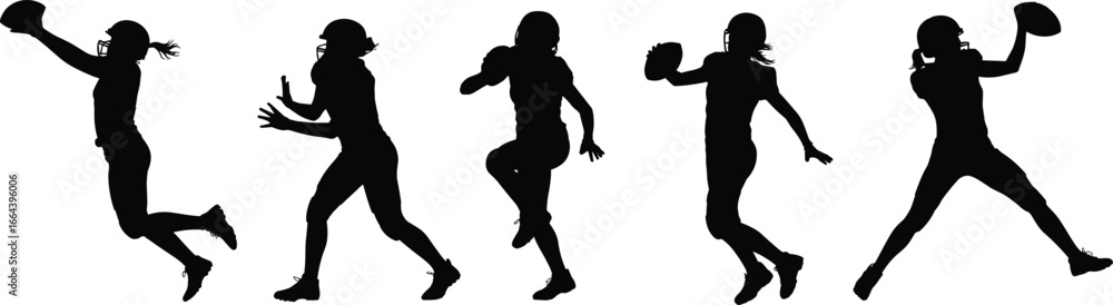 Obraz premium American football player silhouettes in dynamic action poses, running, throwing, catching ball, isolated on white background for sports design and illustration content