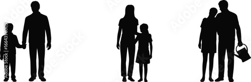 Silhouette of adult and child bonding moments, family care, parenting support, emotional connection, mentorship, nurturing relationships, black figures isolated on white background
